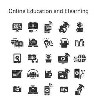 Online Education and Elearning solid icon set. Stock Illustration