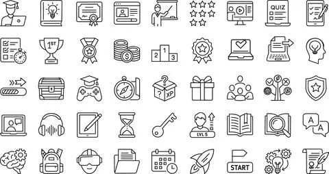 Online education and gamification set outline graphic Stockillustratie
