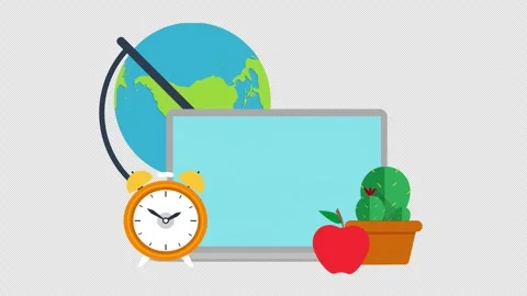 Online Education and Remote Work Animation with Laptop Globe and Clock on G.. Stock Footage 324042451