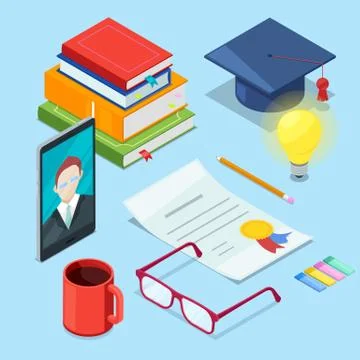 Online education and study. Vector 3d isometric icons of smartphone, books an Stock Illustration