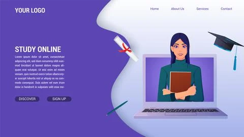 Online Education and Studying From Computer Concept for landing page, With Di Stock Illustration