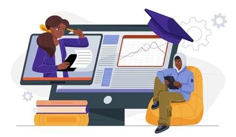 Online education and virtual learning scene. Vector illustration イラスト素材
