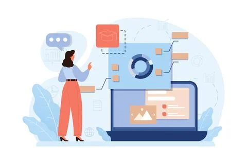 Online education. Character study remotely using internet, online Stock Illustration