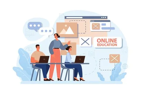 Online education. Character study remotely using internet, online Stock Illustration