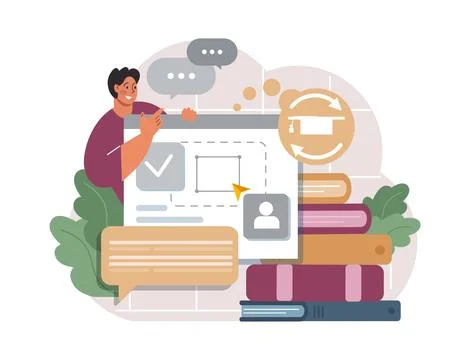 Online education. Character study remotely using internet, online Illustrazione stock