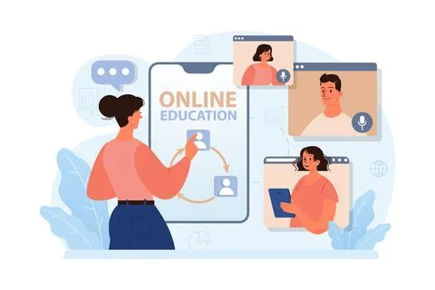 Online education. Character study remotely using internet, online Illustrazione stock