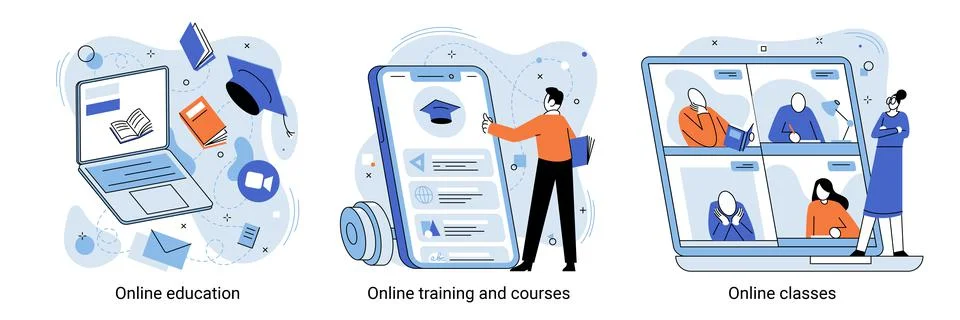 Online education, classes, workshop and language tutoring, video call Stock Illustration