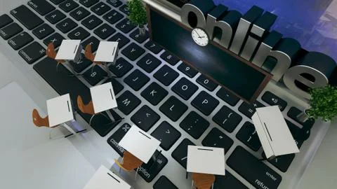 Online education, classroom on computer keyboard perspective top view realist Stock Illustration