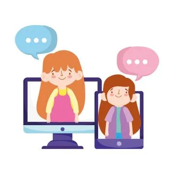 Online education computer and smartphone students girls talking bubbles Illustrazione stock