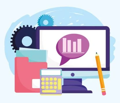Online education, computer calculator folder document pencil Stock Illustration