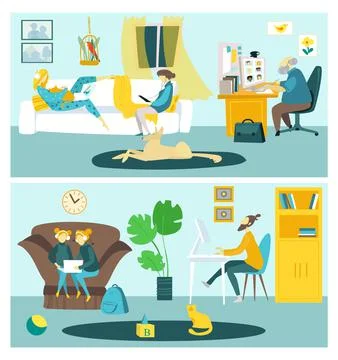 Online education in computer concept, vector illustration, flat family man woman Illustrazione stock