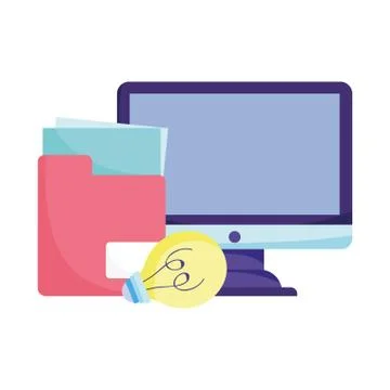 Online education computer folder file data idea solution cartoon Stock Illustration