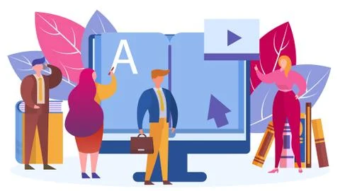 Online education at computer, people study vector illustration. Study Illustrazione stock