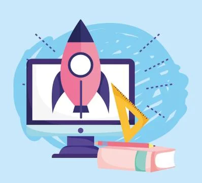 Online education, computer rocket book ruler pencil study Illustrazione stock