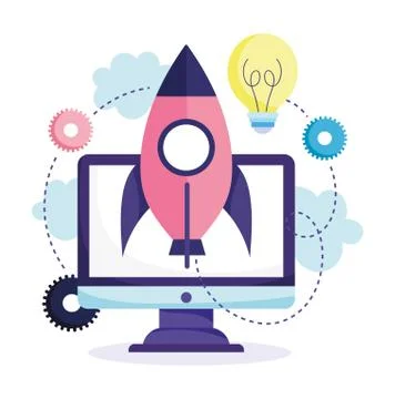 Online education, computer rocket idea creativity study digital Stockillustratie