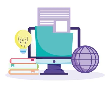 Online education, computer world lesson books creativity Illustrazione stock