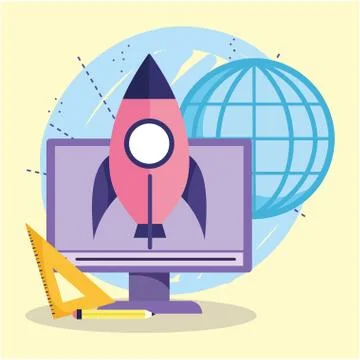 Online education, computer world triangle ruler pencil startup Stock Illustration