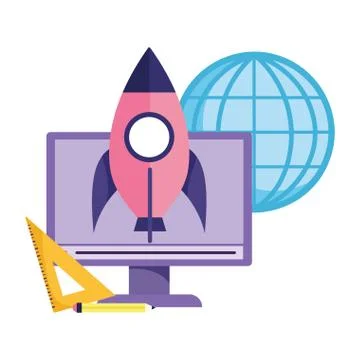 Online education, computer world triangle ruler pencil startup Stock Illustration
