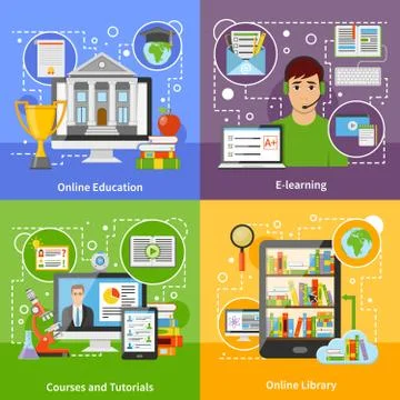 Online Education Concept 4 Flat Icons Stock Illustration