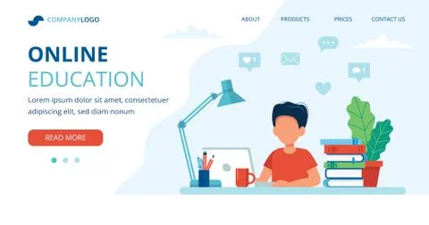 Online education concept with a boy, computer, lamp, and books. Landing page Illustration