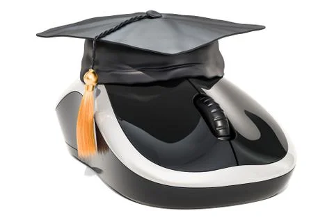 Online education concept, computer mouse with graduation cap. 3D rendering 스톡 일러스트