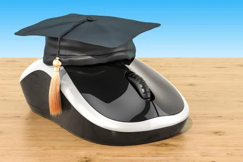 Online education concept, computer mouse with graduation cap on the wooden ta Stock Illustration