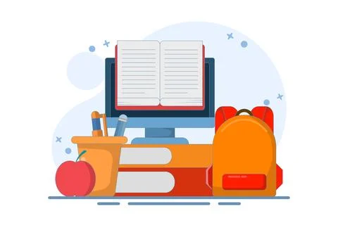 Online education concept on computer or laptop with open book Illustrazione stock