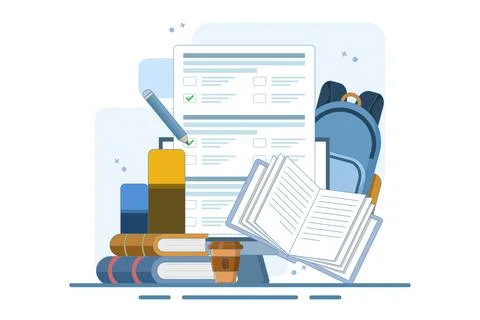 Online education concept, Computer PC with homework paper, pencil, book. Stock Illustration