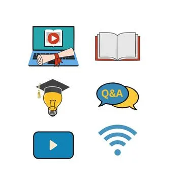 Online education concept with digital learning and knowledge icons Illustrazione stock