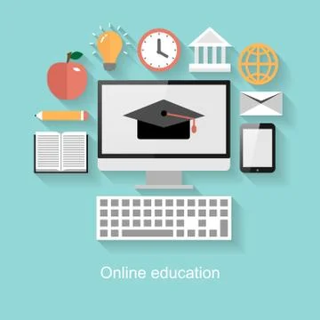 Online education concept, flat design with long shadow. Stock Illustration