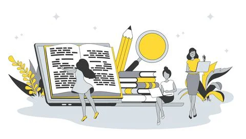 Online education concept in flat design with people. Women students reading Stock Illustration