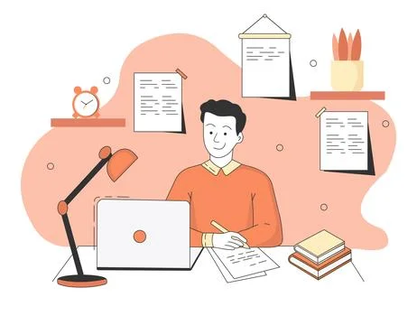 Online education concept with a man, computer, lamp, books, clock and plant. Stock Illustration