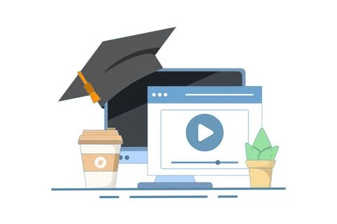Online education concept, PC computer with cactus and coffee, digital marketing. Illustrazione stock