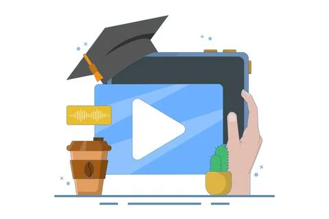 Online education concept, PC computer with cactus and coffee, digital marketing. Illustrazione stock