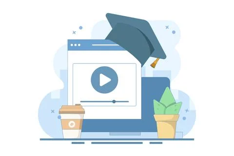 Online education concept, PC computer with cactus and coffee, digital marketing. Illustrazione stock