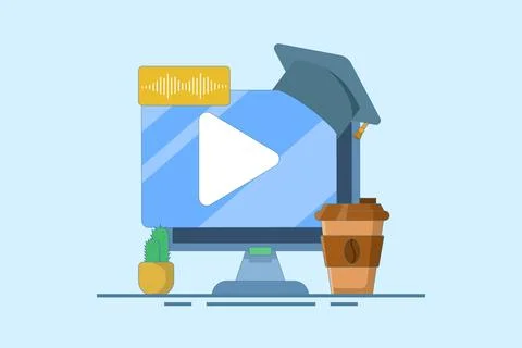 Online education concept, PC computer with cactus and coffee, digital marketing. Illustrazione stock