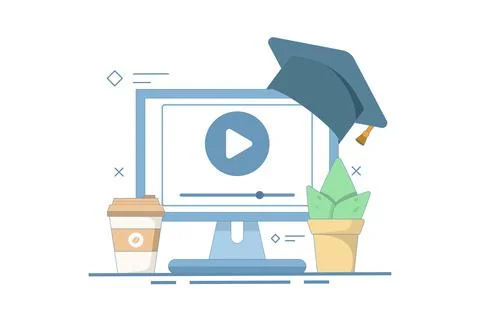 Online education concept, PC computer with cactus and coffee, digital marketing. Stock Illustration