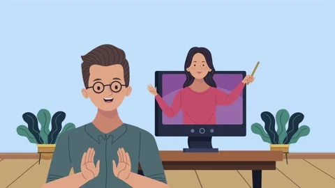 Online education concept with student and teacher in a laptop video call, m.. Stock Footage 333545474