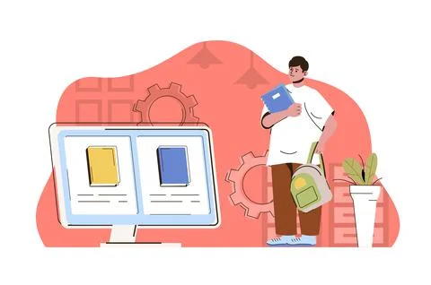 Online education concept. Student studies at university using computer situation 库存插图