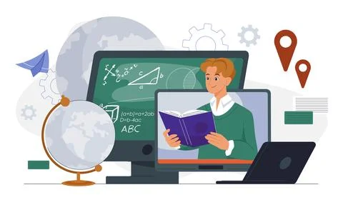 Online education concept with student. Vector illustration Illustrazione stock