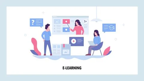 Online education concept. Two students are studying online course video tutorial イラスト素材