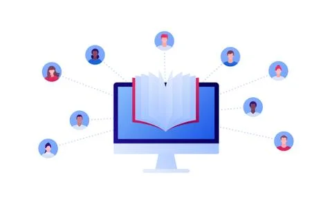 Online education concept. Vector flat illustration. Computer screen and avatars Stock Illustration