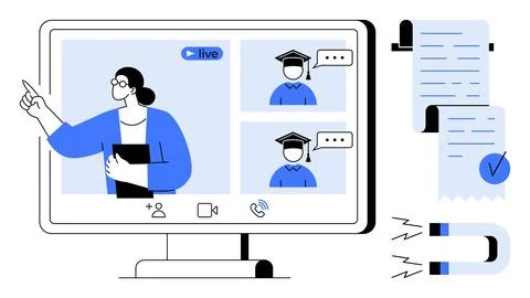 Online Education Concept with Virtual Classroom and Learning Tools Stock Illustration