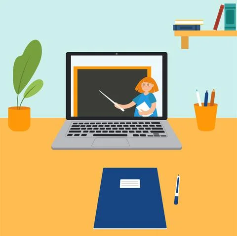 Online education concept, webinar presentation, teacher near the blackboard with Stock Illustration