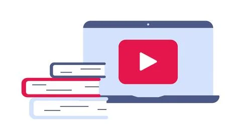Online education, courses. Stack of books, video and laptop. Learn from lessons Stock Illustration