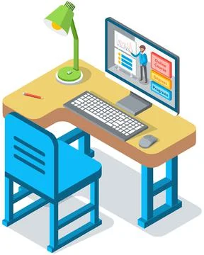 Online education. Desk for student with computer and application on screen for Stock Illustration