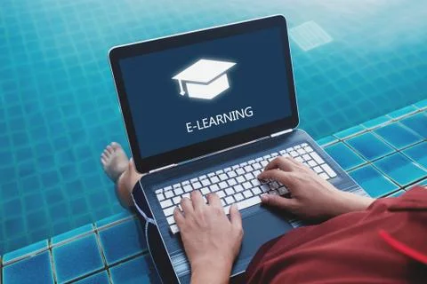 Online education, e-learning and e-book concept. a man using computer laptop Stock Photos