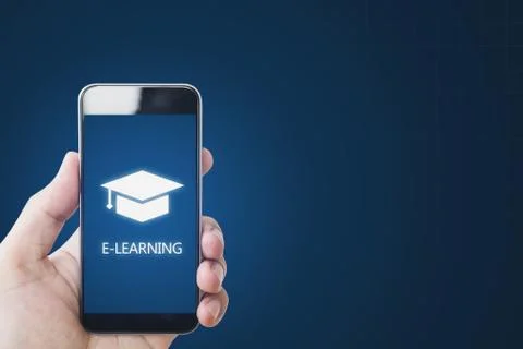 Online education, e-learning and e-book concept. Hand using mobile smart phone Stock Photos