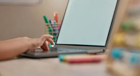 Online education, e learning and hands on laptop screen for course information Stock Photos