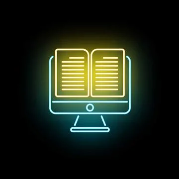 Online education e learning digital book monitor neon icon 스톡 일러스트